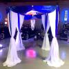 Royal blue and white round canopy with crystal chandelier at Highway 39 Event Center.