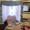 Sage Green, white sheers, and crystal curtains in this elegant canopy for the bride and groom.