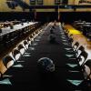 Black Banjo Pipe and Drape with Black Linens in gym for High School Awards Ceremony