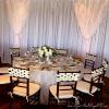 White poly wall draping with hourglass twinkle light poufs.